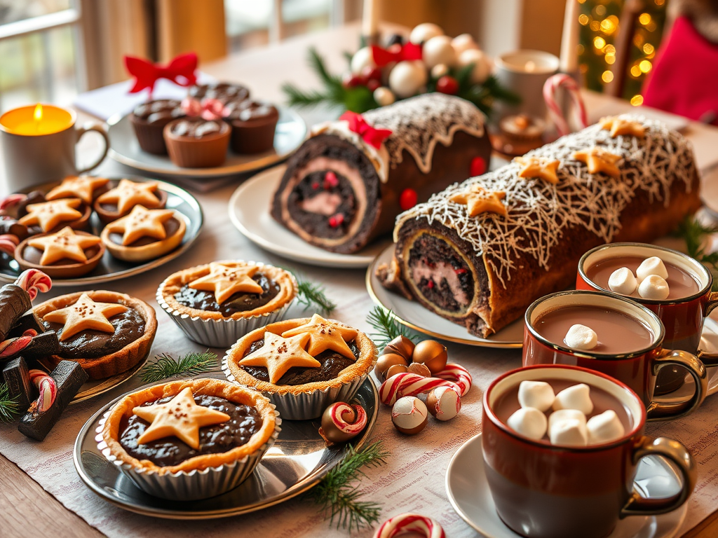 Una tavola natalizia decorata con dolci tipici come mince pies, torta di Natale, tronchetto di Natale e tazze di cioccolata calda con marshmallow.