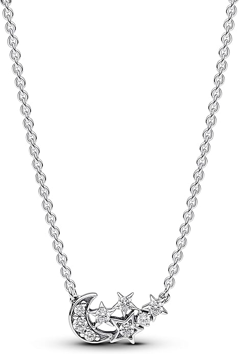 Collana elegante con pendente a forma di luna e stelle, decorata con brillantini.