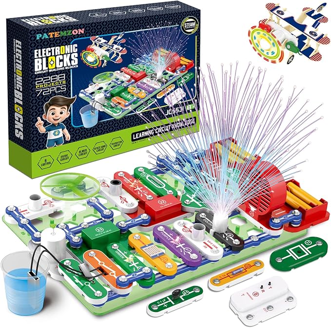 Set di blocchi elettronici per costruire circuiti, con progetti STEM. Include vari componenti e un gioco interattivo.