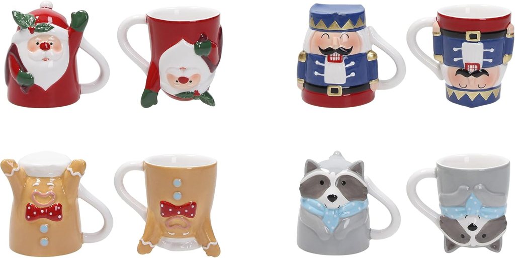 Set di tazze natalizie decorate a tema, comprendenti Babbo Natale, un soldatino, un pupazzo di neve e un procione, ideali per le feste.