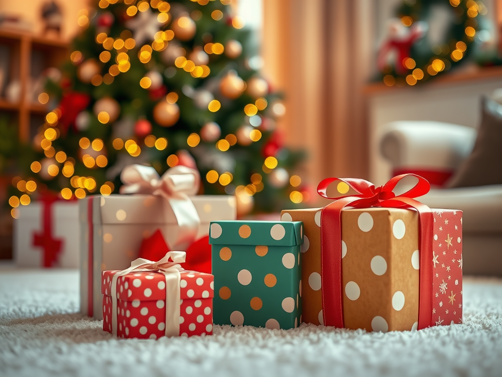 Regali di Natale colorati sistemati su un tappeto, con un albero di Natale decorato sullo sfondo.