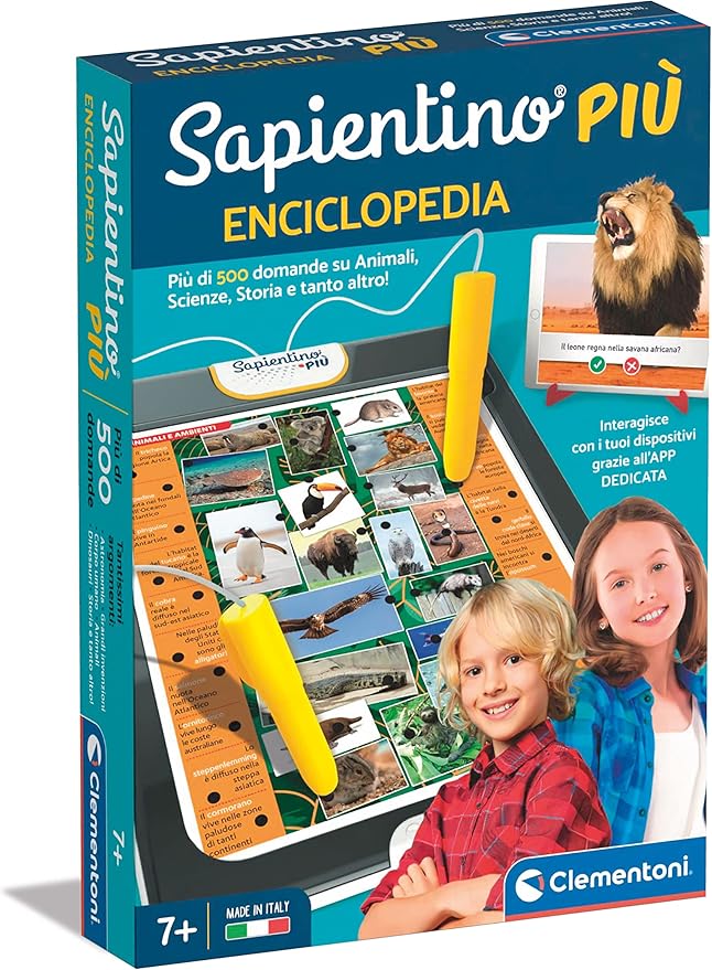 Confezione del gioco educativo Sapientino Più, che include un libro enciclopedico con più di 500 domande su animali, scienze e storia, e strumenti per interagire con l'app dedicata.