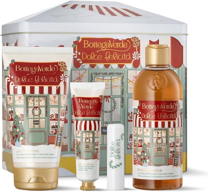 Set regalo di prodotti per il corpo Bottega Verde Dolce Felicità, comprendente gel doccia, crema mani, latte corpo e un balsamo labbra, presentato in una confezione decorativa.