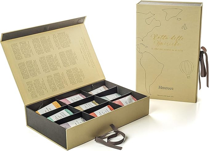 Scatola regalo di tè gourmet con una selezione di 9 tè diversi, presente in un elegante packaging dorato.