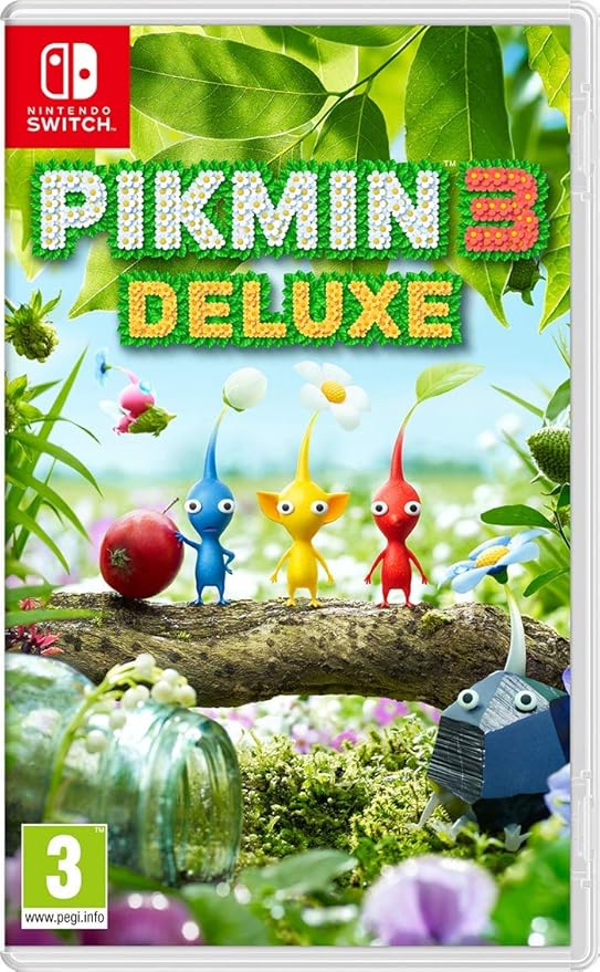 Copertina del videogioco Pikmin 3 Deluxe per Nintendo Switch, con personaggi colorati in un ambiente naturale pieno di fiori e piante.