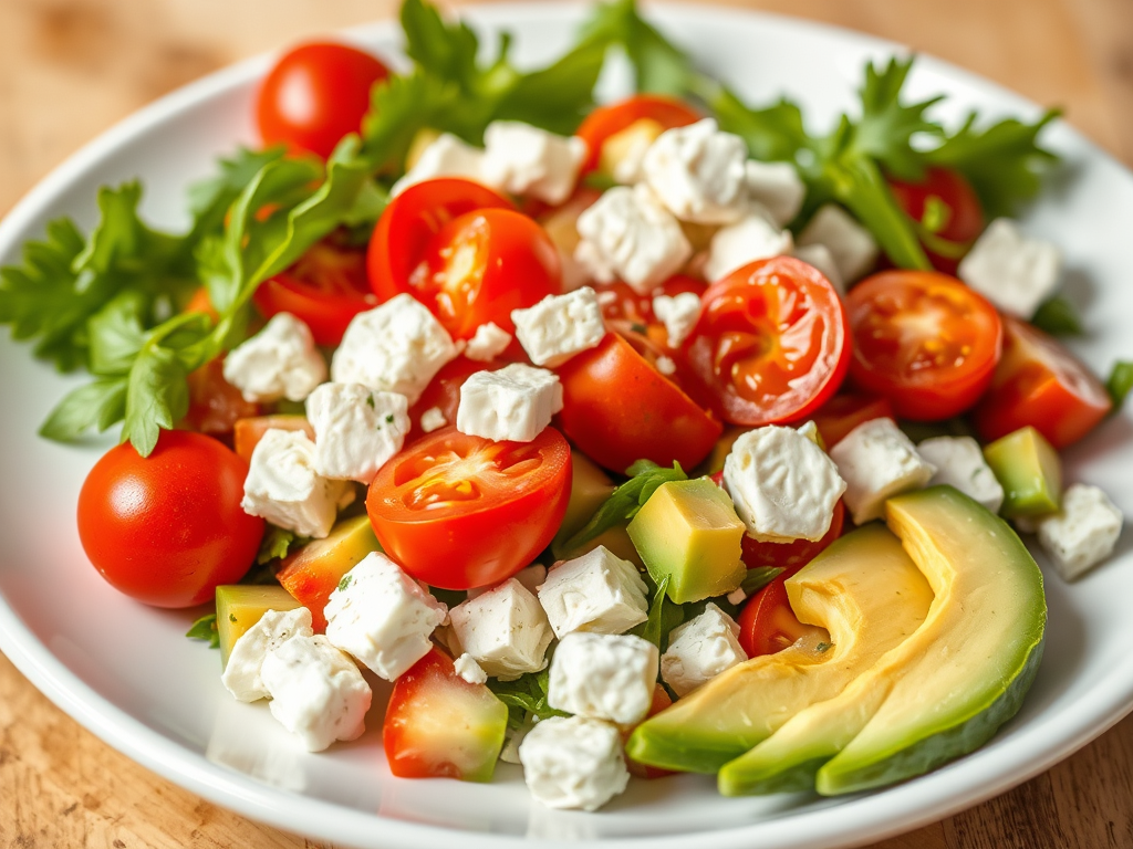 Insalata colorata con pomodorini, avocado, cetriolo, feta e foglie di insalata.