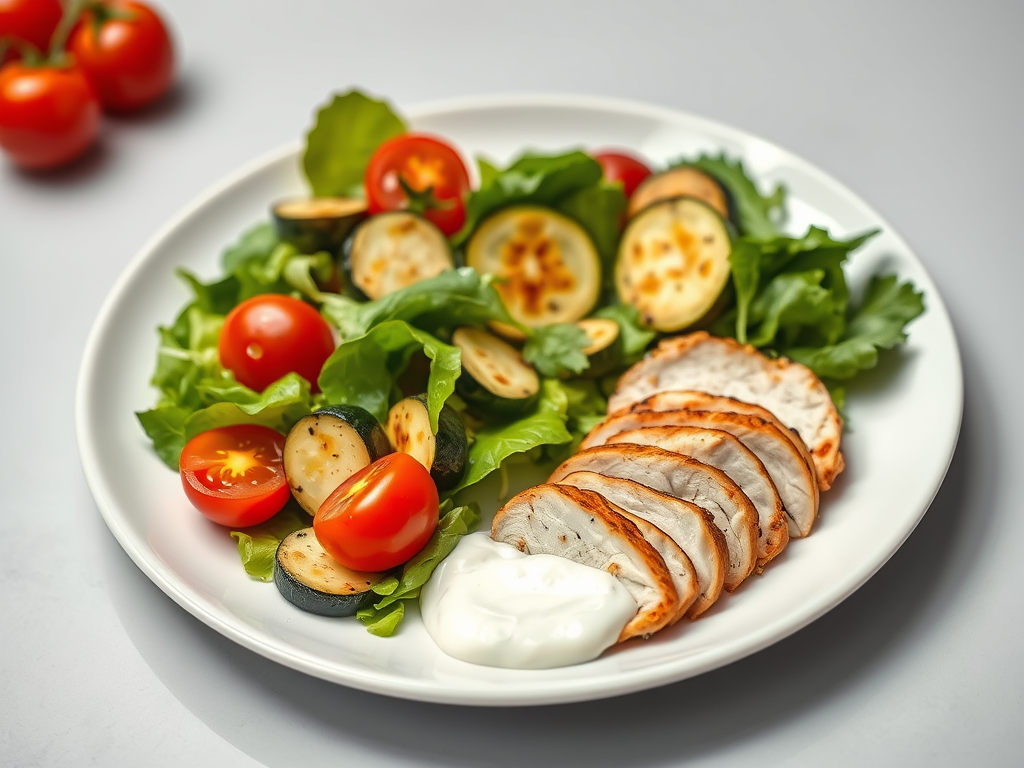 Piatto di insalata mista con pomodorini, zucchine grigliate, lattuga e fette di pollo arrosto, accompagnato da una porzione di salsa allo yogurt.