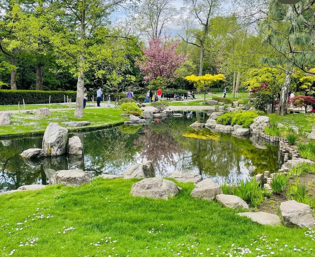 Un giardino verdeggiante al Kyoto Garden con un laghetto riflettente, alberi e fiori. Persone passeggiano e si godono il panorama.