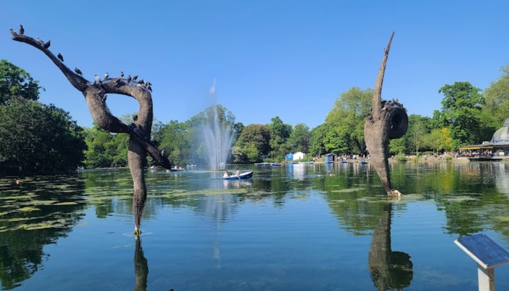 Due sculture di legno in un lago al Victoria Park, circondate da alberi e vegetazione, con una fontana d'acqua sullo sfondo e un piccola barca a remi.