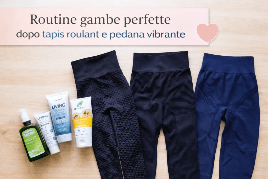 Leggings sportivi a compressione neri e blu disposti su un tavolo di legno, accompagnati da prodotti per la cura delle gambe e del corpo.