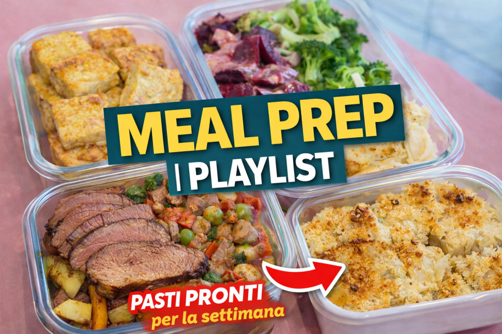 Immagine di diversi piatti pronti per il pasto, tra cui carne, verdure e cereali, con il testo 'MEAL PREP | PLAYLIST' e 'PASTI PRONTI per la settimana'. Tutti i miei video meal prep con tante idee su Youtube